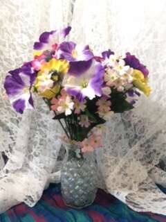 Spring Pansies Silk Arrangement with Vase and Weighted Pebbles