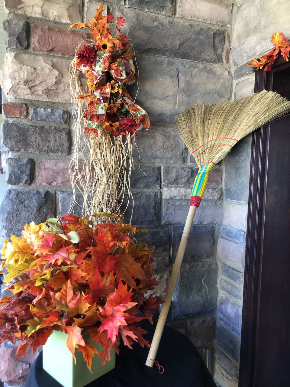Unique and cute Fall decorations!  Ceramic Green Vase Fall Planter and Broom.