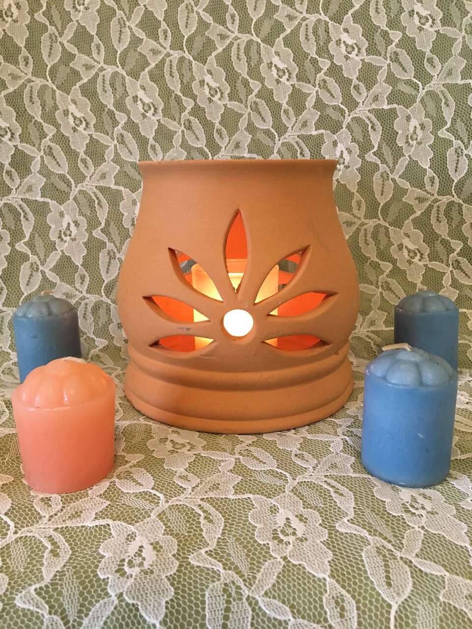Small Terra Cotta Clay Pot and Candles