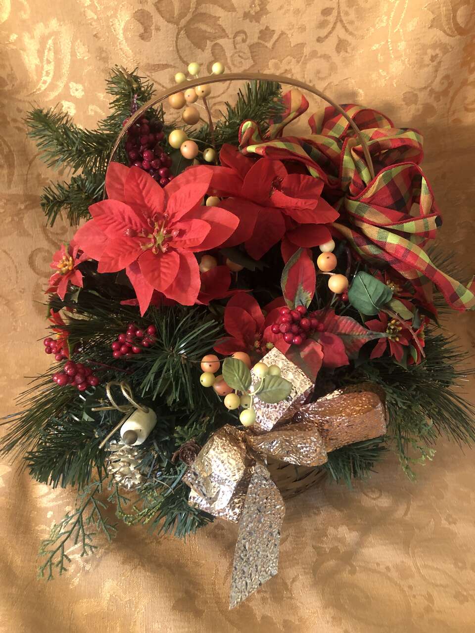 Golden Wicker Holiday Basket with 2 Decorative Ribbons