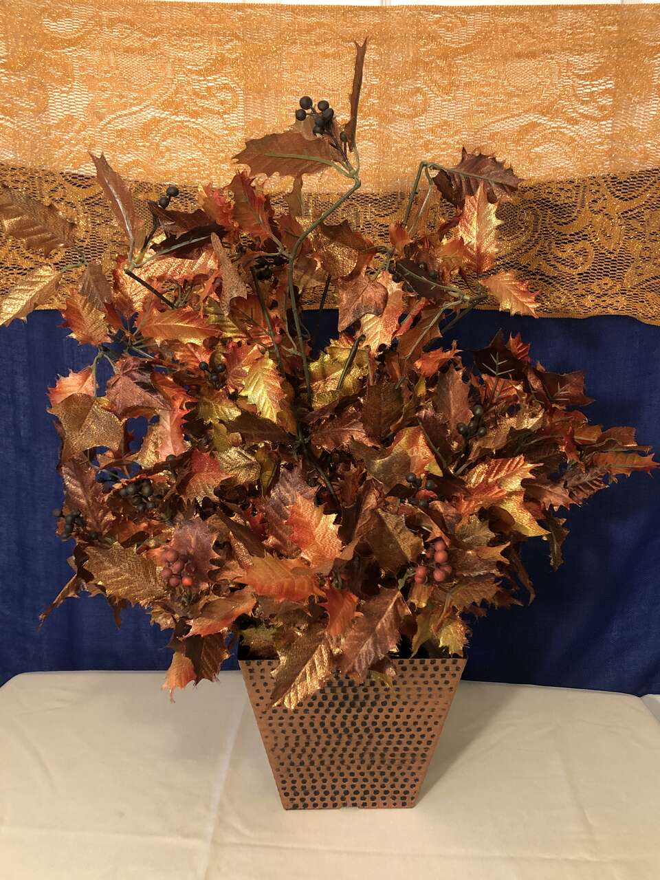 Beautiful Lightweight Seasonal Faux Leaf Centerpiece and Metal Vase