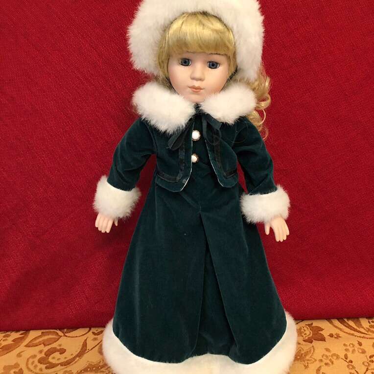 Christmas Porcelain Doll In A Green Dress