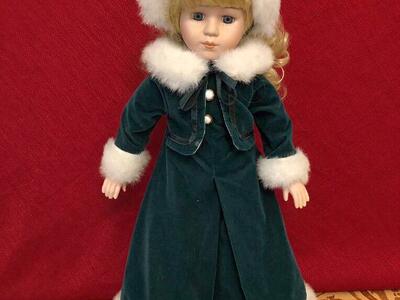 Christmas Porcelain Doll In A Green Dress
