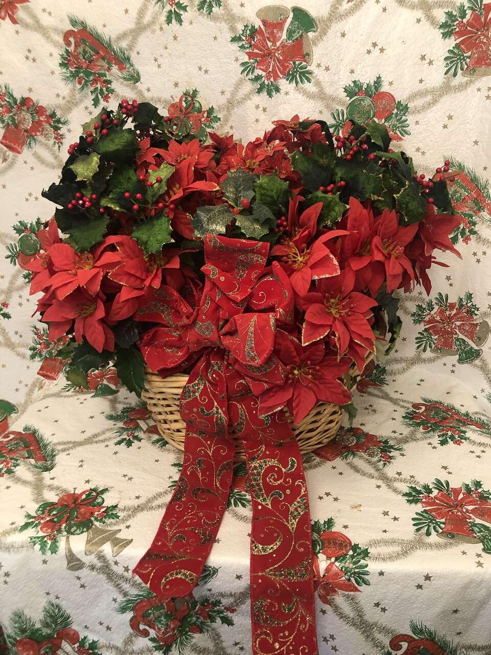 Holiday Double Poinsettia in Wicker Basket with Decorative Red Ribbon