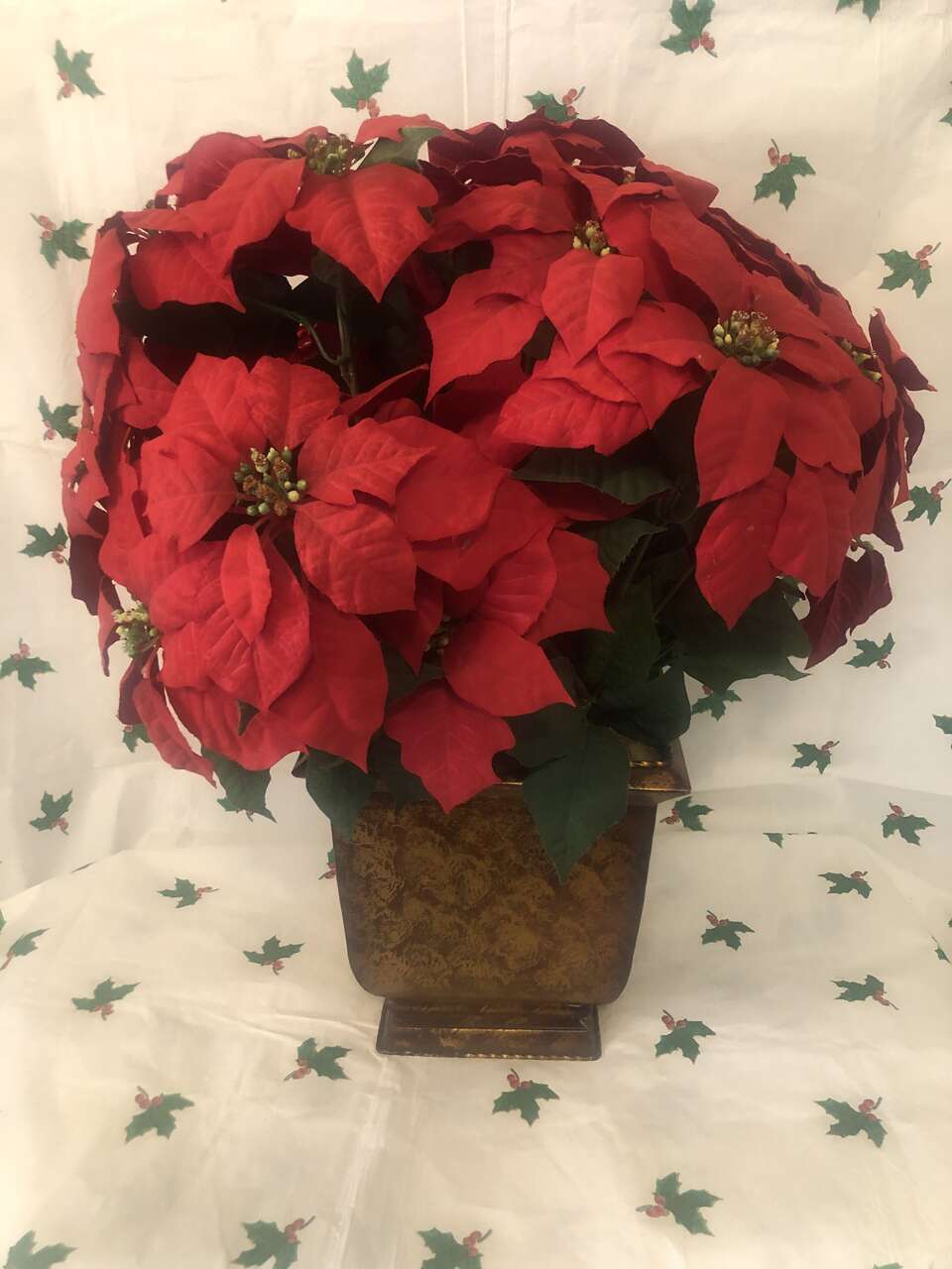Holiday Silk Poinsettia in Metal Planter with Twisted Edging