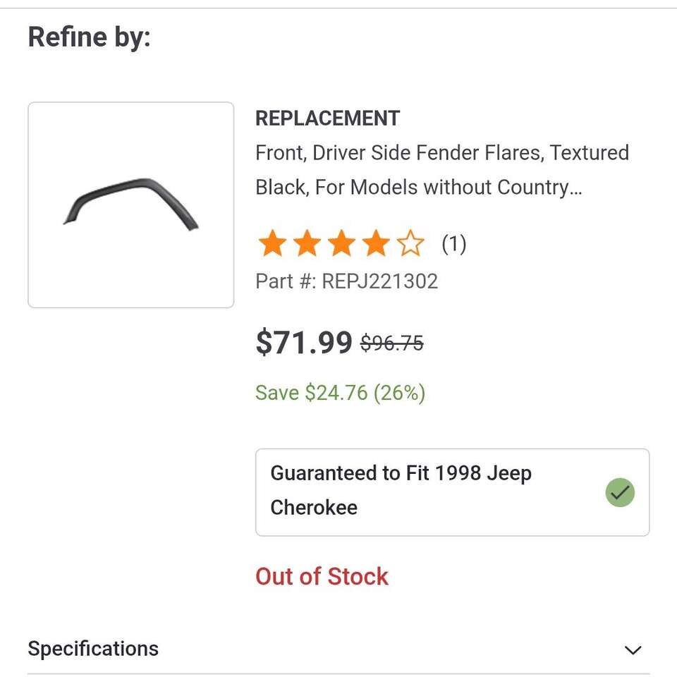 97-01 Jeep Cherokee XJ Front Driver Fender Flare