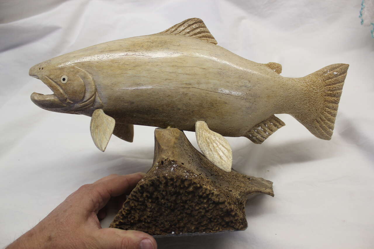 Handmade (Alaska) Carved Fish from Whalebone on a Whalebone Base