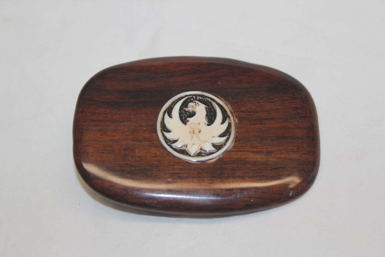Handmade Rosewood Belt Buckle - with Handcarved Ivory Sturm Ruger Logo