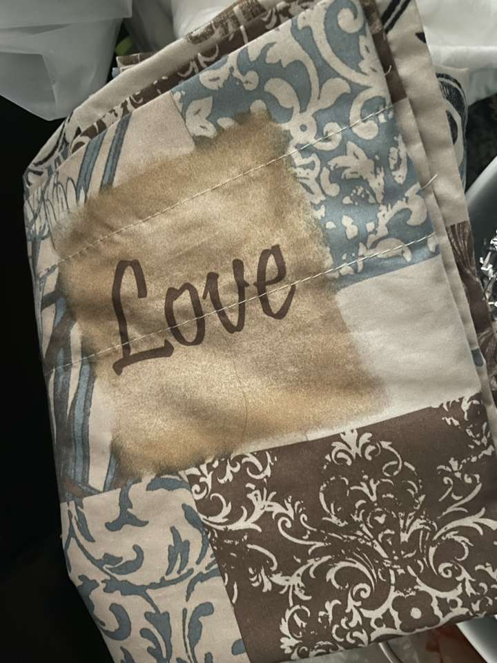 Brown/Blue 3-Piece Curtain Set: w/ words Love, etc