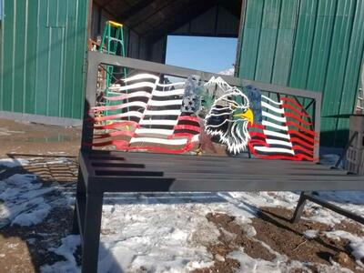 New, steel patriotic seating bench