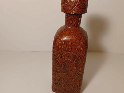 Vtg Liquor Decanter Wrapped Leather Tooled Scene of Patio De Los Leon