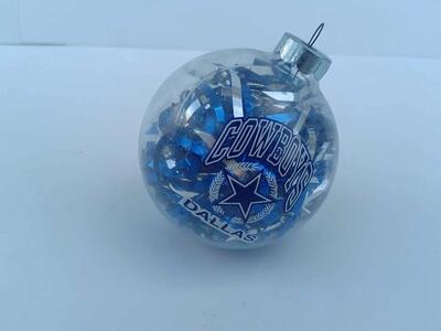 Dallas Cowboys Glass Christmas Ornament Glass Filled w Pom Pom Pieces VTG