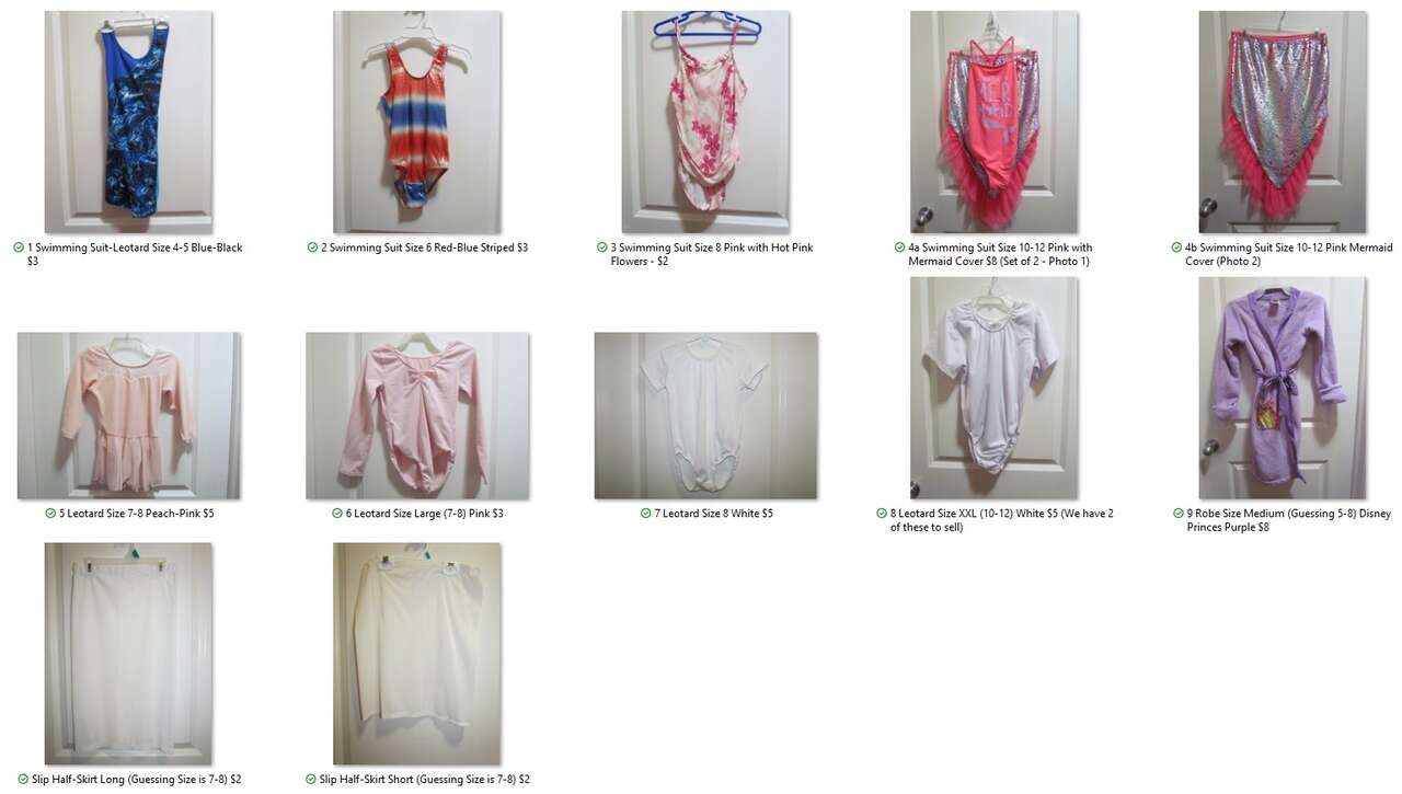 Girls Swimming Suits, Leotards, Robe, Slips Sizes 4-5, 6, 7-8, and 10-12