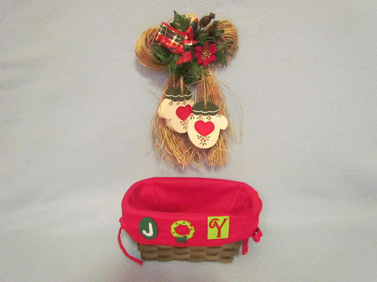 JOY Christmas Basket & Toll Painted Mittens/Poinsettia Wall Hanging Decor Decorations