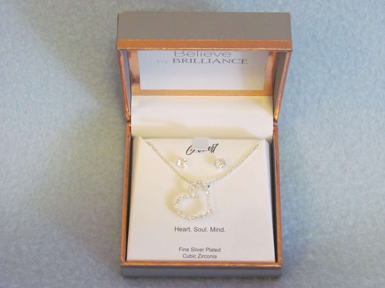 Believe by Brilliance Heart Fine Silver Plated Cubic Zirconia 18” Necklace/Earring Set-NIB