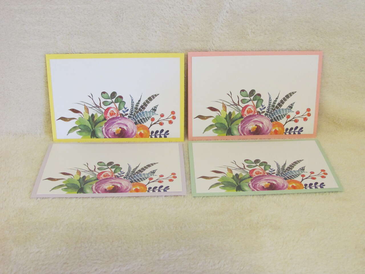 Set of 4 Handmade Floral Flower Greeting Cards Blank Purple/Pink/Green/Yellow-NEW