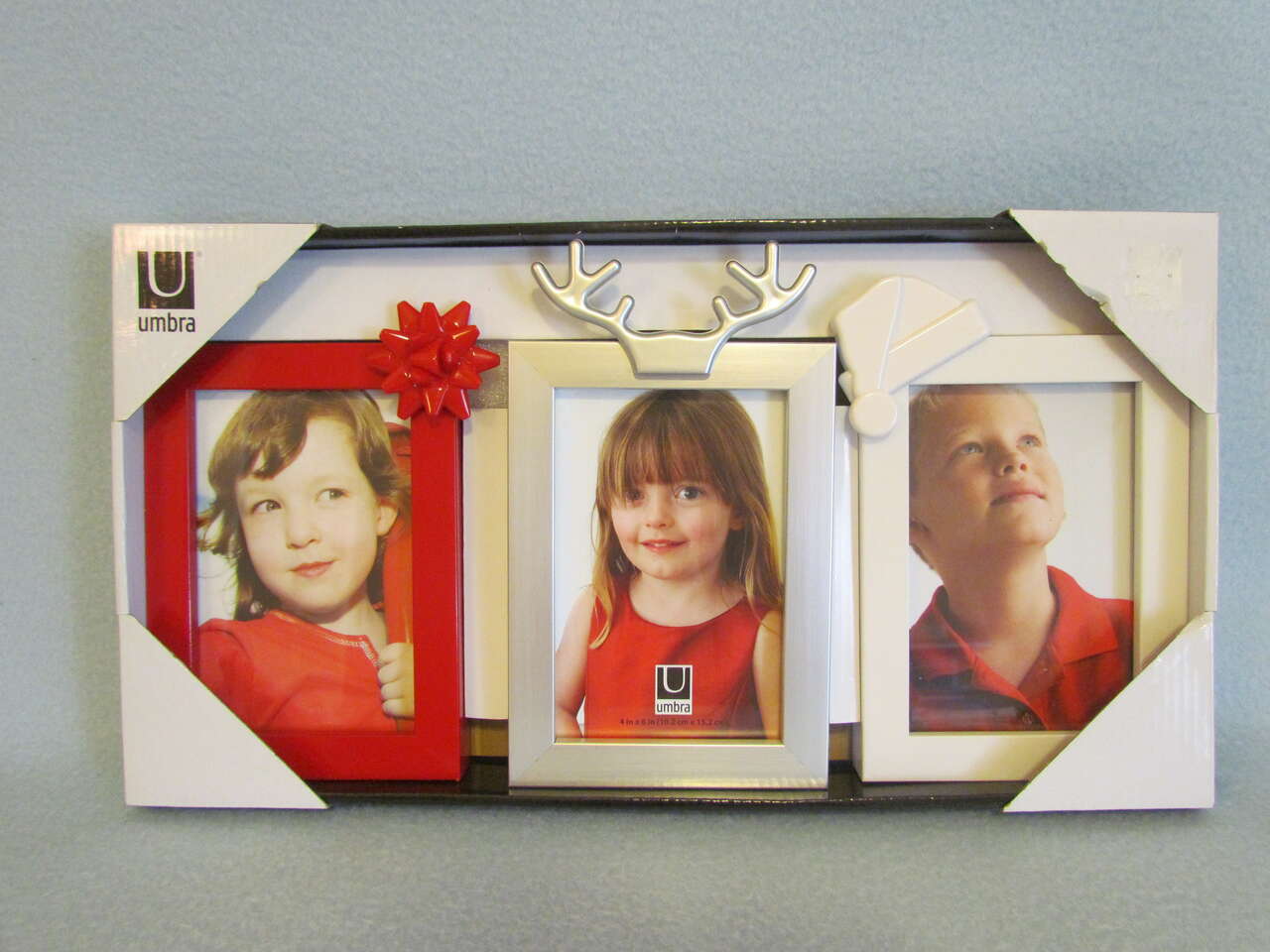 Umbra Christmas Holiday Photo Frame Set of 3 Red Bow/Silver Reindeer/White Santa Hat - NIP