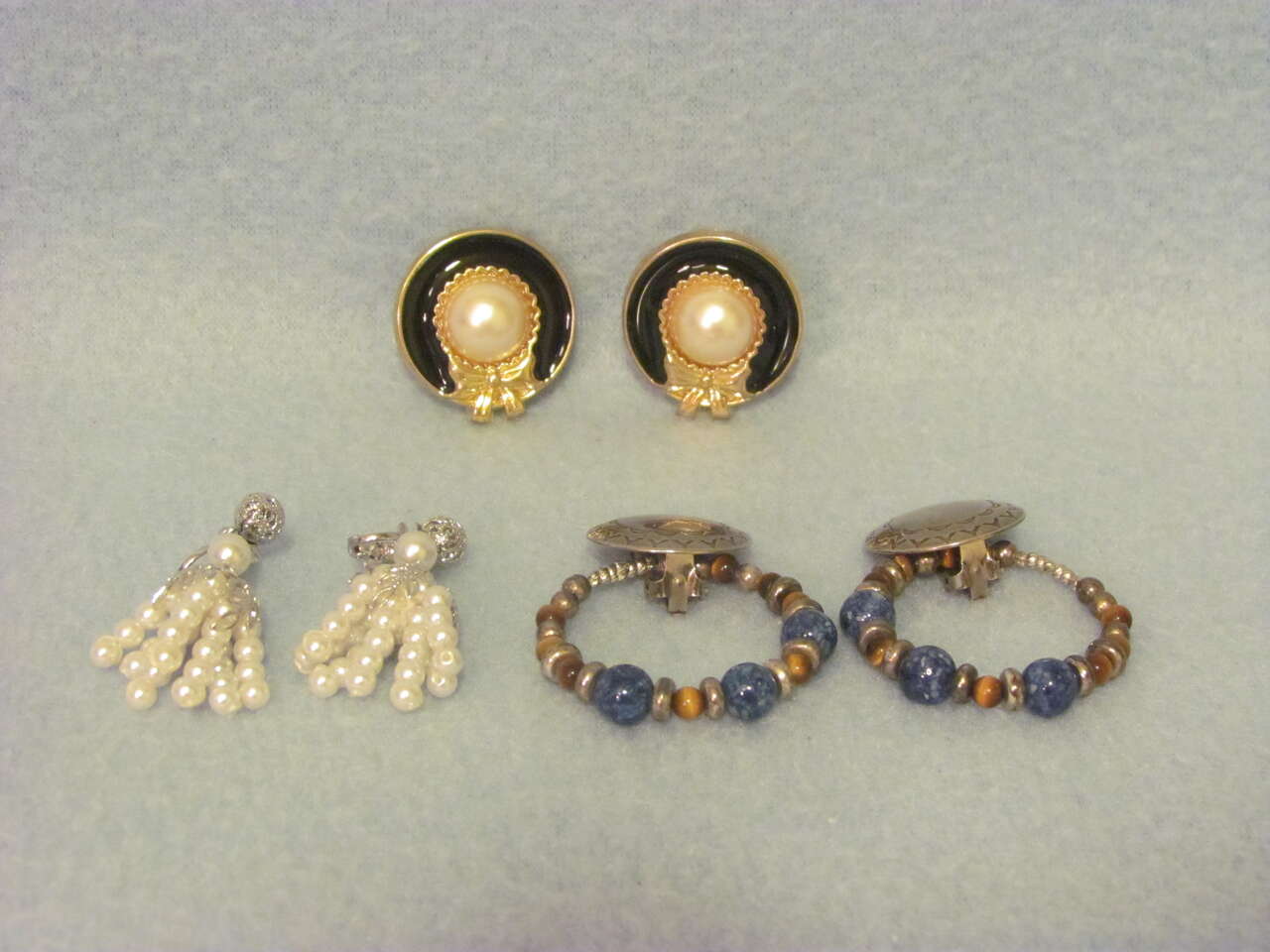 Lot of 3 Vintage Clip-on Earrings - Pearled/Beaded/Hat - Blue/Brown/White