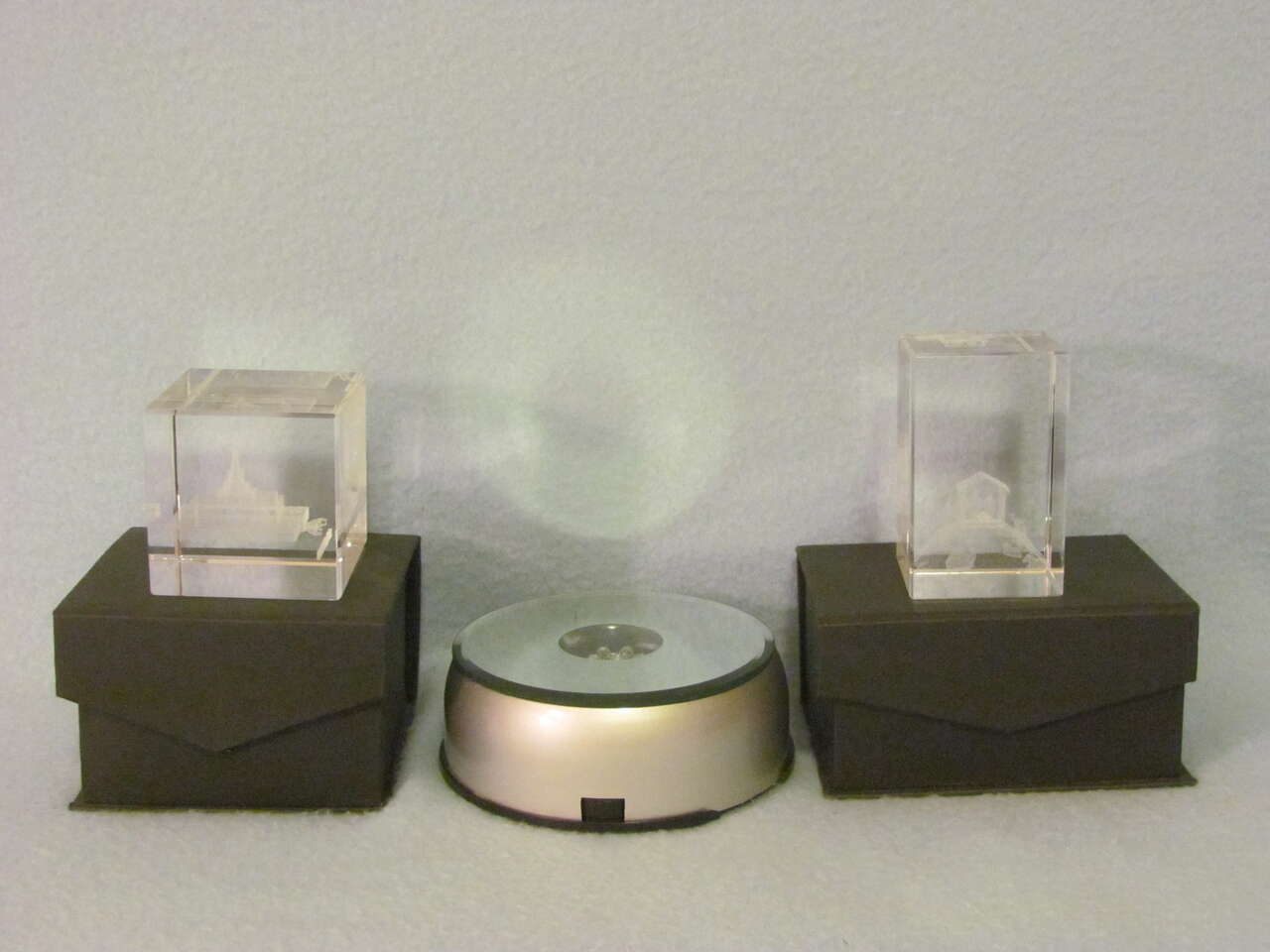 Ringmaster Laser Engraved Jordan River & Nativity Crystal Clear Cubes with Lighted Rotating Color Changing Base