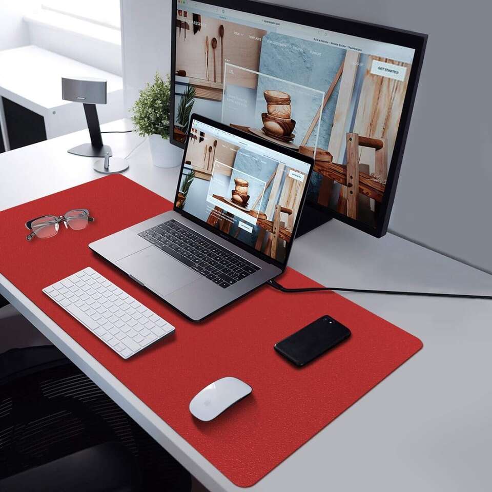 DIXI PU Leather Dual Sided Desk Pad Non-Slip Mouse Pad Office Home Red/Black 32 x 16 in