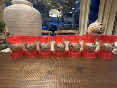8 WALT DISNEY - Vintage , Corning Glass Christmas Ornaments