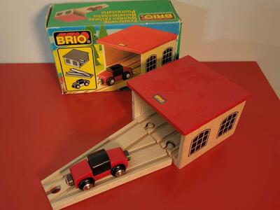 BRIO Trains: Wooden Race Car, Double Garage & Track. Vintage 1980's Sweden. Excellent Condition!