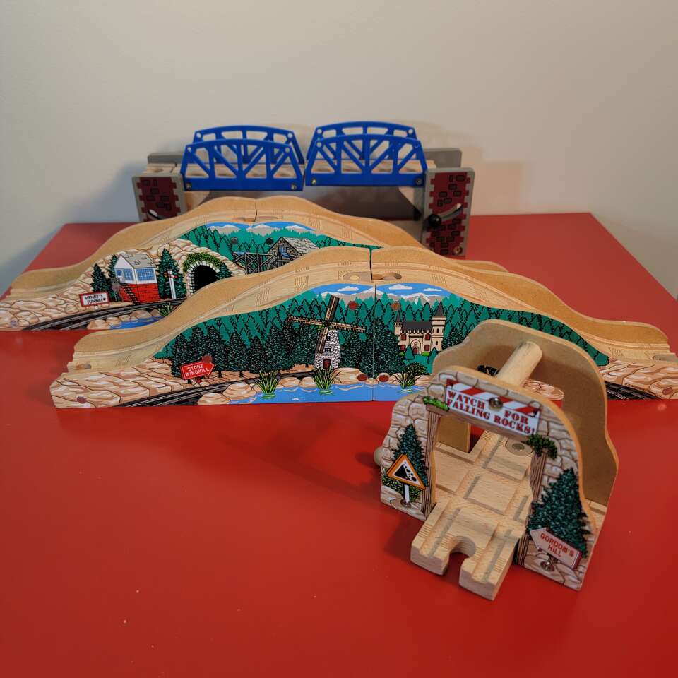 Wooden Railway Set of 4. Raise/Lower Bridge, 2 Ramps and Crisscross Underpass. Retired, Excellent Condition!