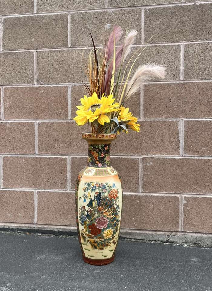 Vintage Oriental Peacock Satsuma Floor Vase