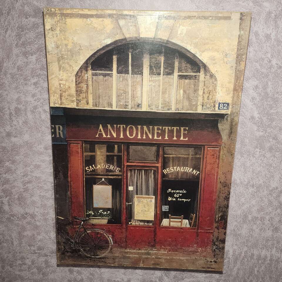 39x27 French Street Scene Chiu Tak Hak Antoinette on Burlap Canvas