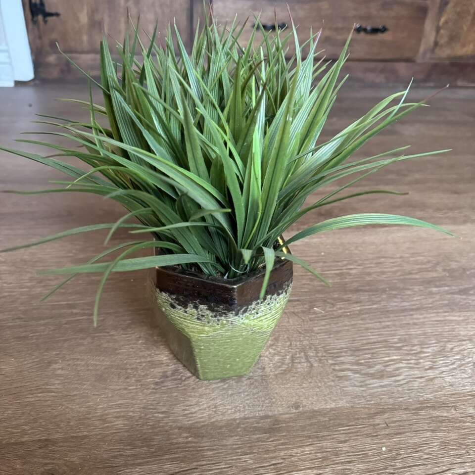 Green Fake Faux Plant in Glazed Brown/ Green Pot