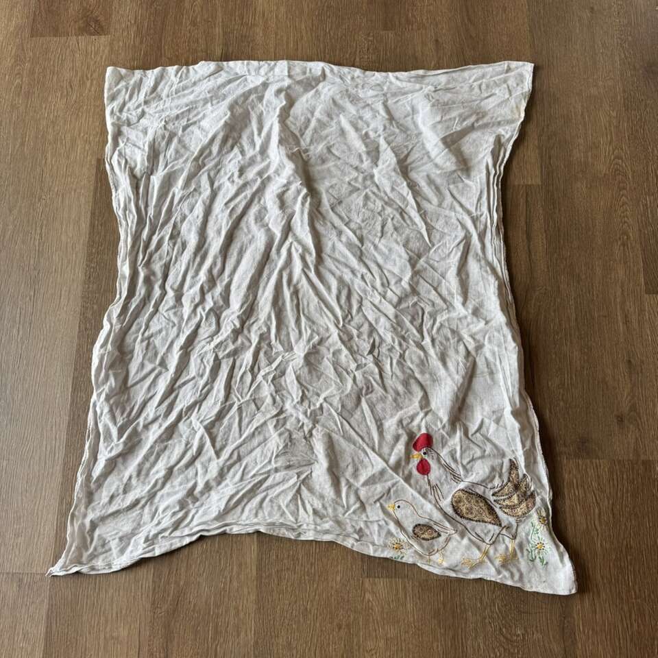 Vintage Embroidered Chicken and Chick Tablecloth