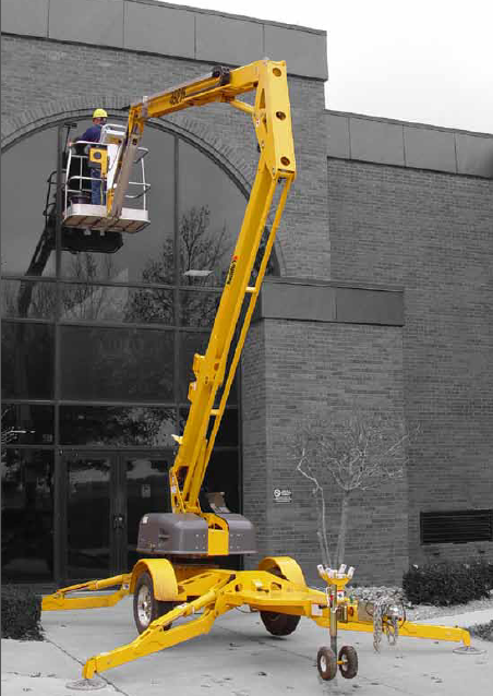 55 foot towable boom lift for rent. Easy to use and tow, great for roof repair and trimming trees.