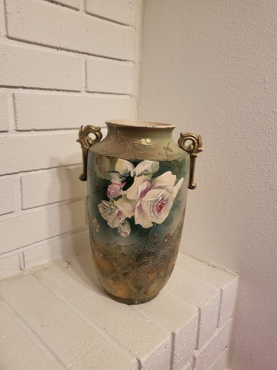 Art Deco Nippon Hand Painted Beaded Floral Pottery Vase 15.25"