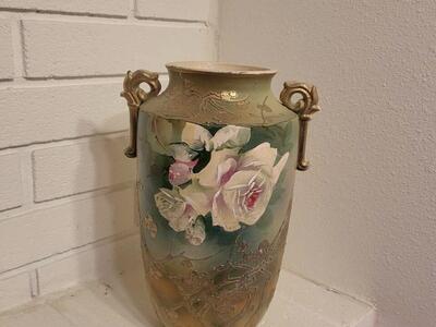 Art Deco Nippon Hand Painted Beaded Floral Pottery Vase 15.25"