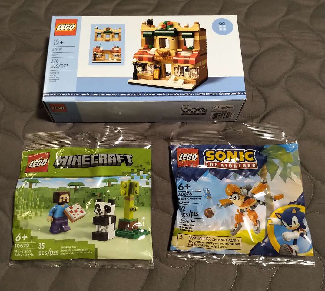 Three LEGO sets: Bakery, Steve/Baby Panda, and Kiki's Coconut Attack