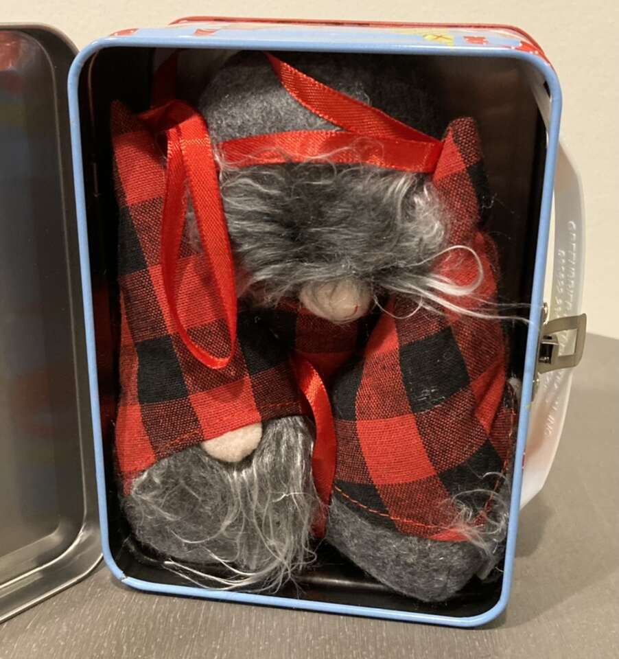 Plush Christmas Ornament Gnomes in Tin Case