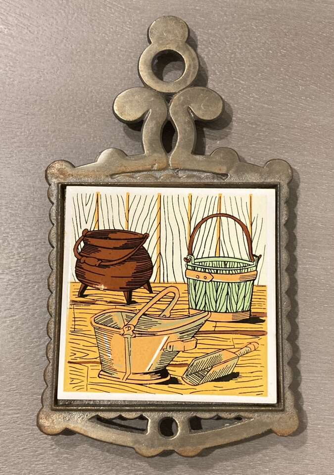 1970s Ceramic Tile Cast Iron Trivet Farm Life