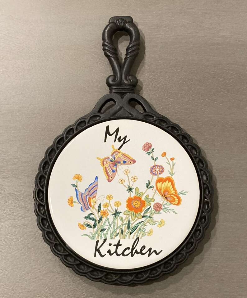 My Kitchen MCM Trivet Butterfly Flowers Cast Iron