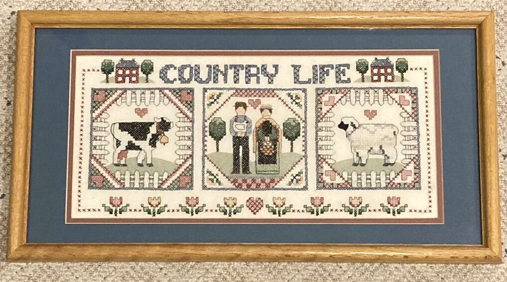 Country Life Cross Stitch Framed Farmer Cow Sheep