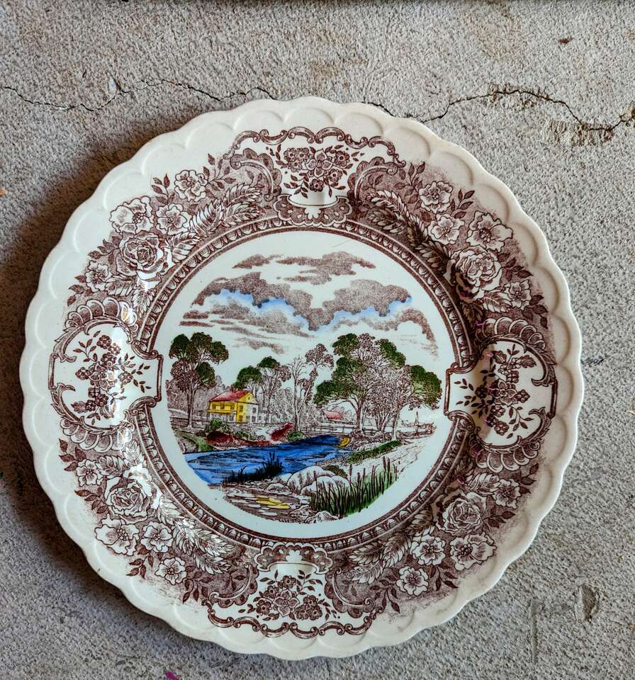 Mid Century Vintage Vernon Kilns pottery dinner plates, 1860 scenes of old California history, Ed Botsford art