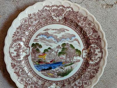Mid Century Vintage Vernon Kilns pottery dinner plates, 1860 scenes of old California history, Ed Botsford art