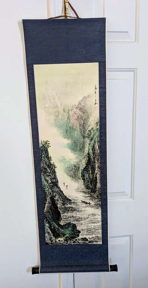 VINTAGE ASIAN HANGING SCROLL PAINTING HILLSIDE RIVER LANDSCAPE YONGYU DAQIAN ERA