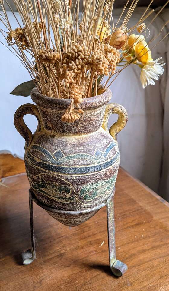 Vintage Clay Pottery Vase With Metal Stand
