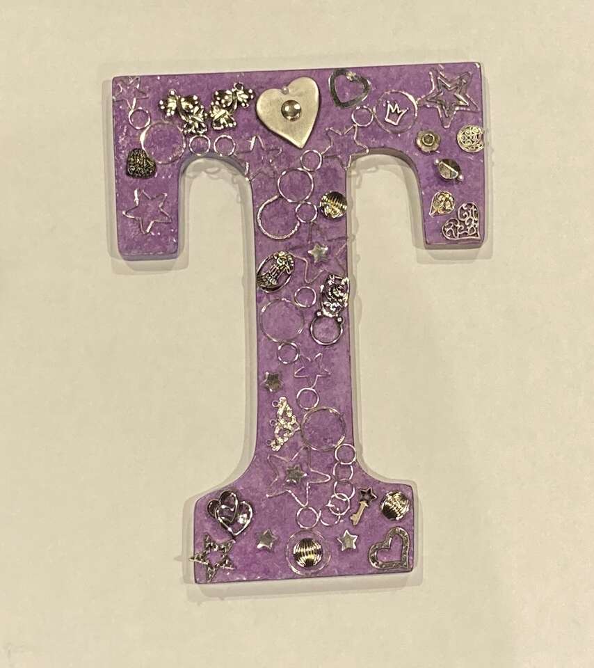 Decorated Wooden Letter T Embellished with Silver Trinkets