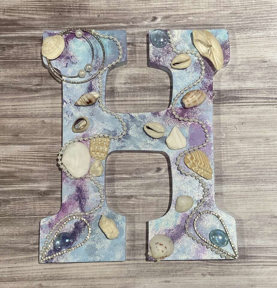 Decorated Wooden Letter H Embellished With Sea Shells, Faux Pearls And Trinkets