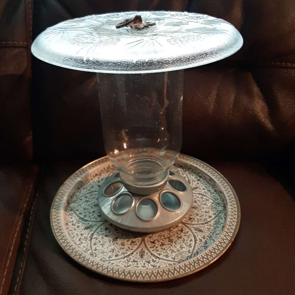 Handmade Glass Jar Hanging Birdfeeder Vintage Dish
