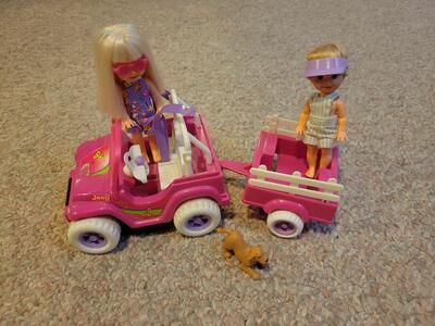 Barbie kelly and Tommy with pup, power wheels jeep