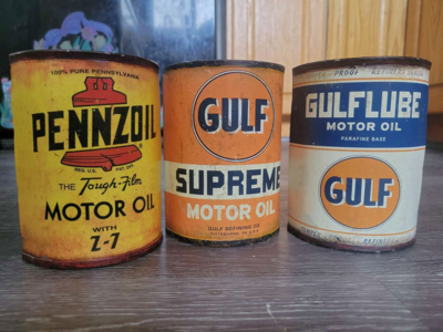Decorative oil cans/drums pennzoil, Supreme gulf motor oil
