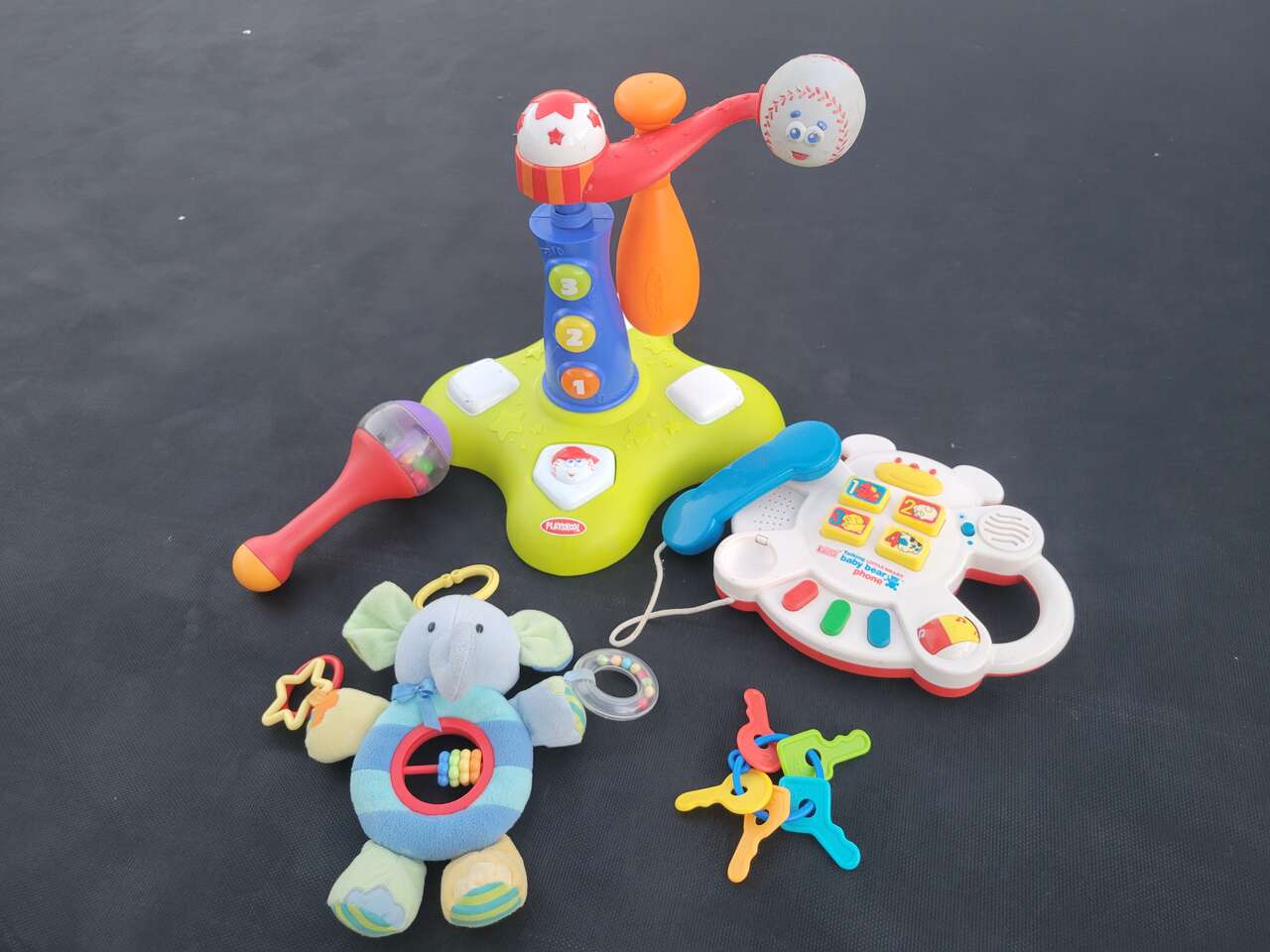 Baby clip car seat Elephant toy, Toddler playskool baseball toy, vtech phone, keys, rattle