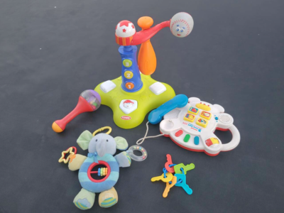 Baby clip car seat Elephant toy, Toddler playskool baseball toy, vtech phone, keys, rattle